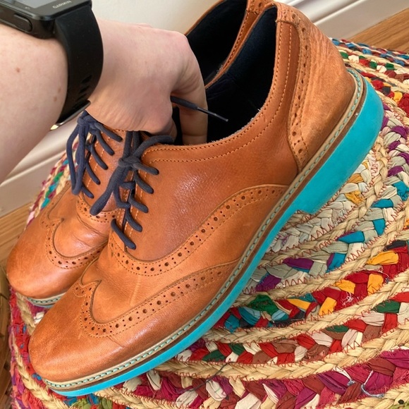 Cole Haan Cognac Leather Turquoise Sole Brogue Oxford Shoes - Picture 3 of 7
